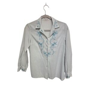 Lily Blue Floral Embroidered Light Blue Button Up Shirt Womens Size 34